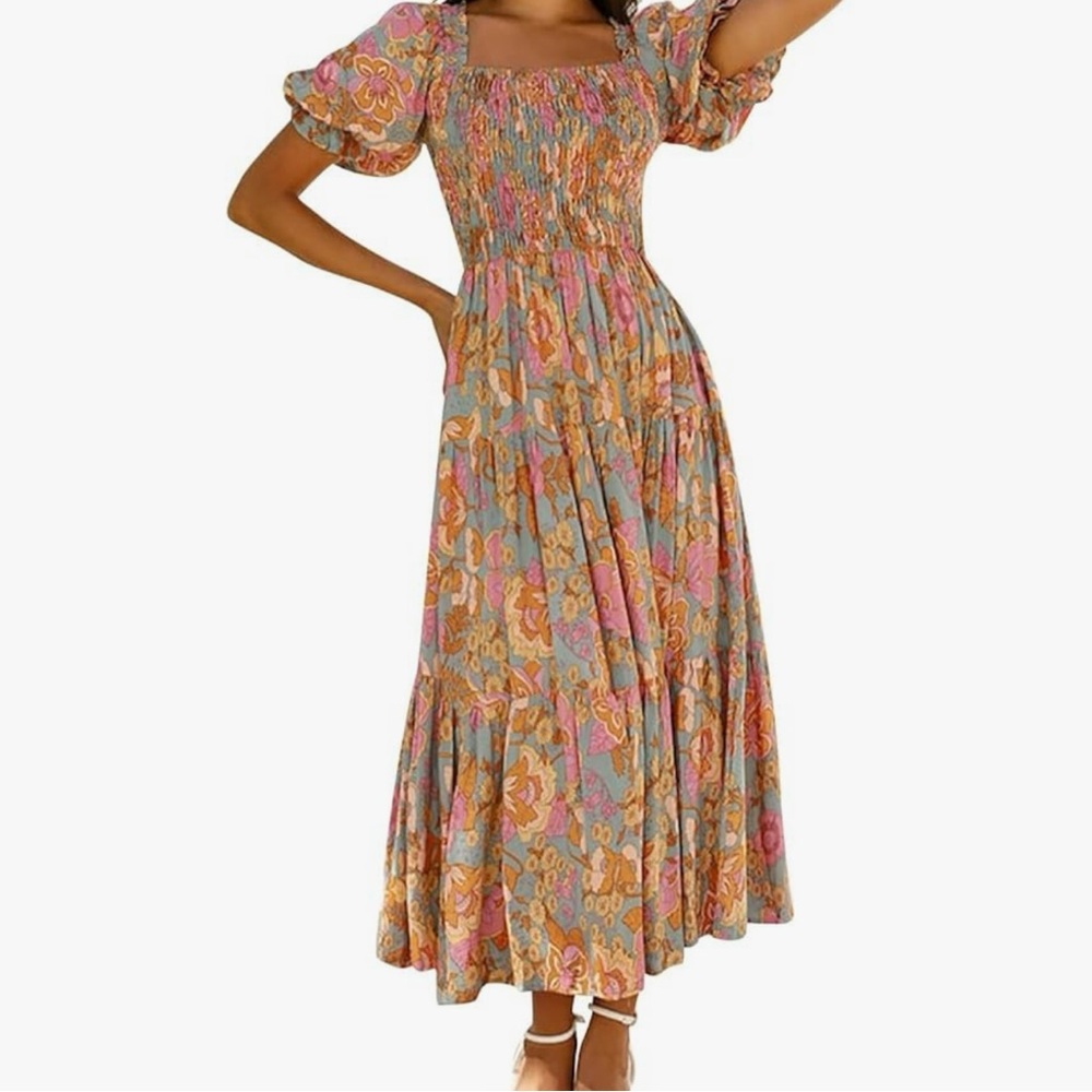 ZESICA Woman’s XL Size 16 Boho Floral Print Square Neck Ruffle Swing Maxi Dress.